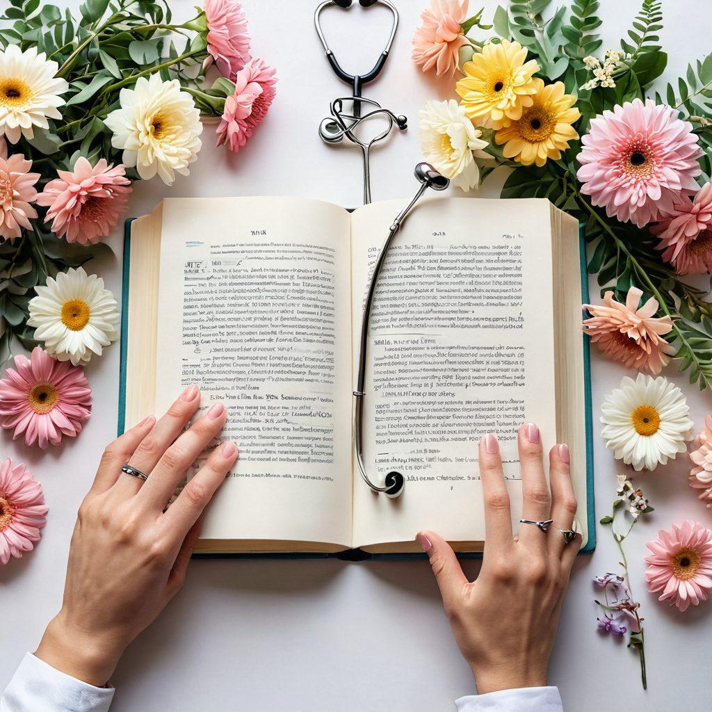 A serene open book radiating light, surrounded by blooming flowers and supportive hands reaching towards it, symbolizing knowledge and empowerment for cancer patients. Soft pastel colors create a calming atmosphere with elements representing wellness such as a stethoscope and a healthy meal. Include gentle rays of sunlight illuminating the scene. vibrant colors. super-realistic.
